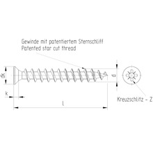 Technický nákres skrutky s patentovaným hrotom v tvare hviezdy a krížovou drážkou Z