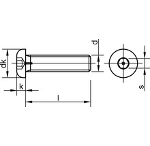 Technický nákres skrutky s valcovou hlavou a vnútorným šesťhranom