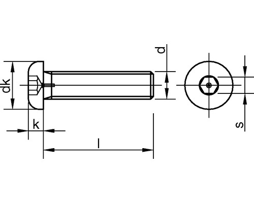 Technický nákres skrutky s valcovou hlavou a vnútorným šesťhranom