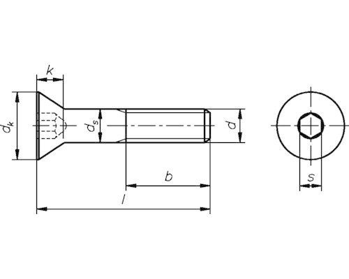 Technický nákres zapustenej skrutky s vnútorným šesťhranom