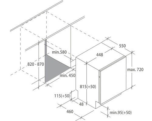 Rozmerový nákres umývačky riadu s uvedenými rozmermi