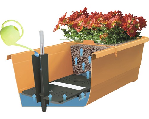 Ilustrácia balkónového kvetináča so zavlažovacím systémom a kvetmi