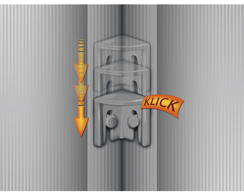 Ilustrácia rohového spoja s mechanizmom zacvaknutia a smerovými šípkami