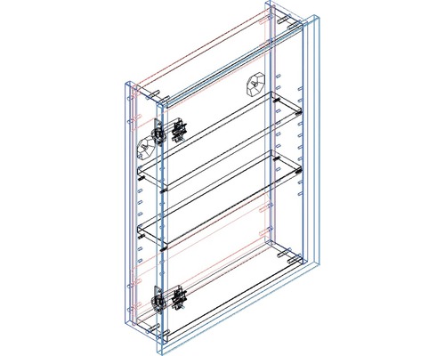 Nákres kúpeľňovej zrkadlovej skrinky s tromi policami
