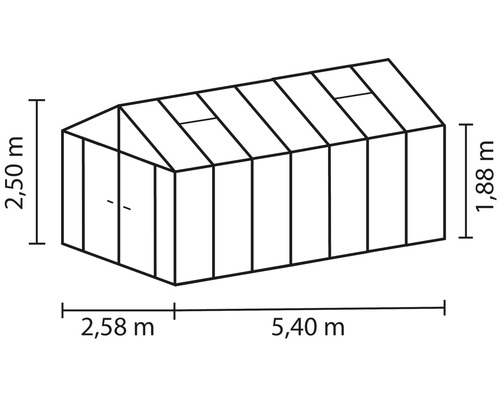 Obrázok skleníka s rozmermi 2,50 m na výšku, 2,58 m na šírku a 5,40 m na dĺžku.