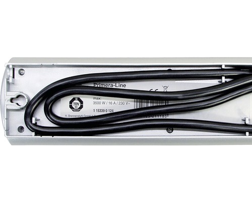 Zadná strana predlžovacieho kábla Primera-Line s navíjaním kábla a pečaťou TÜV Süd