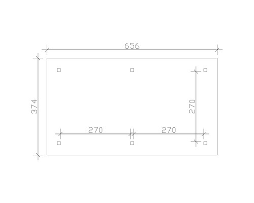 Technický nákres s rozmermi: dĺžka 656 mm, šírka 374 mm, vzdialenosť upevňovacích bodov 270 mm