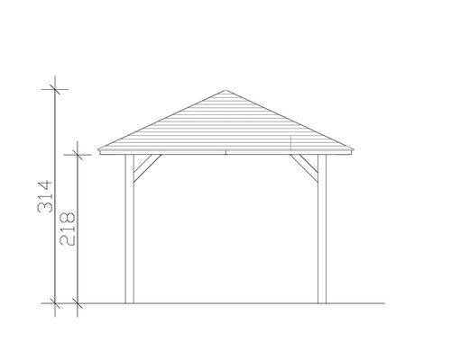 Technický nákres altánku s výškovými údajmi
