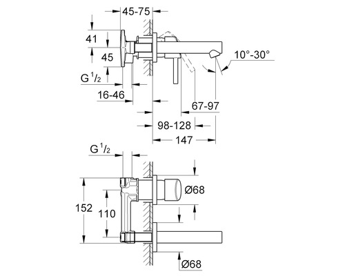 Rozmery umývadlovej batérie na montáž na stenu ako čiarový výkres