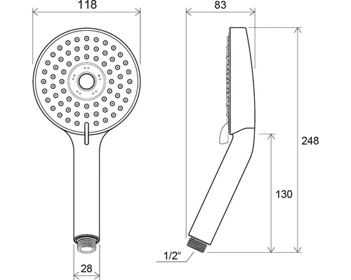 Technický nákres ručnej sprchovej hlavice s rozmermi.