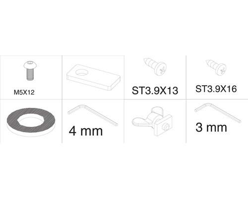 Zobrazenie rôznych upevňovacích prvkov, vrátane skrutiek, podložky a imbusových kľúčov.