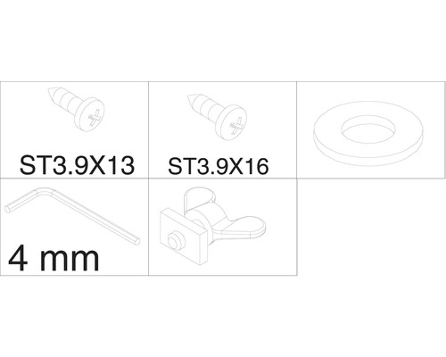 Obrázok rôznych montážnych dielov, vrátane skrutiek, podložky, uhlového kolíkového kľúča a kovania