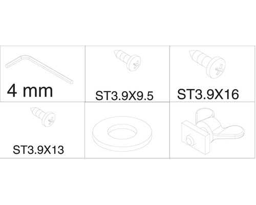 Štvormilimetrový imbusový kľúč, skrutka ST3.9X9.5, skrutka ST3.9X16, skrutka ST3.9X13, podložka a upevňovací prvok
