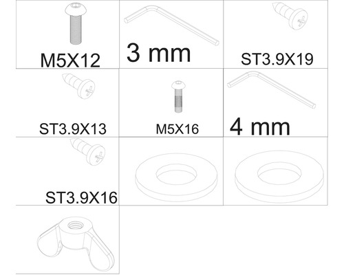 Obrázok rôznych skrutiek, podložiek a veľkostí kľúčov.
