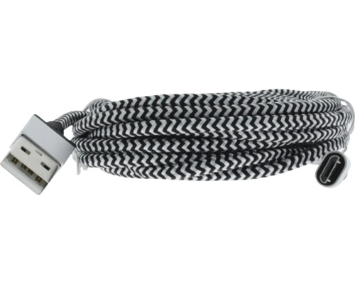 Nabíjací kábel USB s konektorom USB-A na USB-C a textilným opletom s čierno-bielym vzorom.