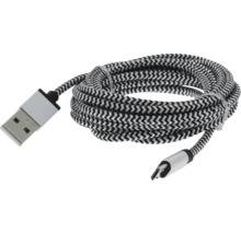 Nabíjací kábel USB s opleteným textilným plášťom, konektor USB-A na USB-C, čierno-biely cikcak vzor.