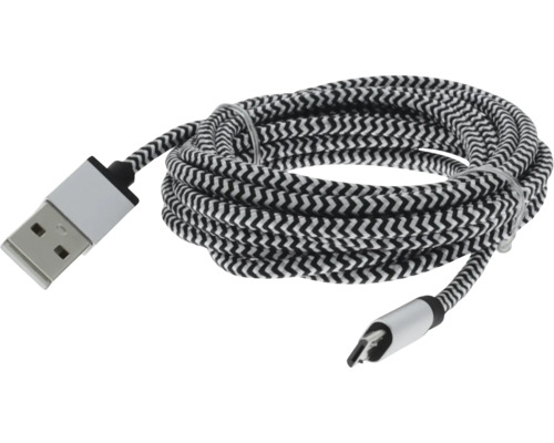Nabíjací kábel USB s opleteným textilným plášťom, konektor USB-A na USB-C, čierno-biely cikcak vzor.