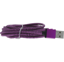 Nabíjací kábel USB s fialovo-čiernym opleteným textilným plášťom a konektorom USB typu A.