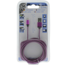 USB kábel s konektormi micro-USB a USB-A, dĺžka 2,5 metra, textilné opletenie, v balení.
