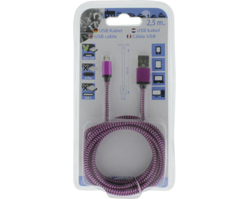 USB kábel s konektormi micro-USB a USB-A, dĺžka 2,5 metra, textilné opletenie, v balení.