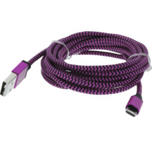 Opletený nabíjací kábel USB vo fialovej a čiernej farbe s konektorom USB-A a micro-USB.