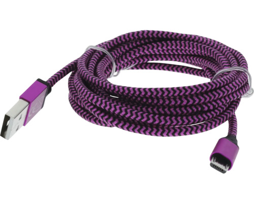 Opletený nabíjací kábel USB vo fialovej a čiernej farbe s konektorom USB-A a micro-USB.