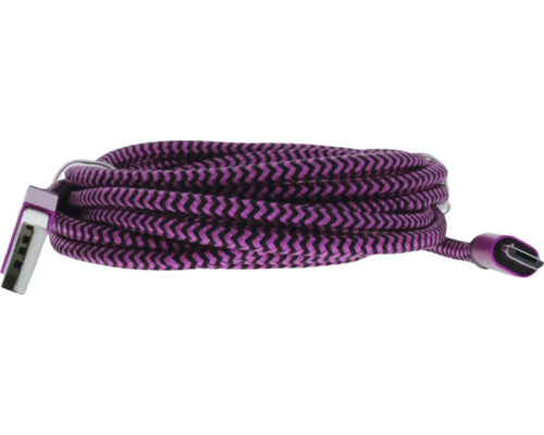 Opletený nabíjací kábel USB-A na USB-C fialovo-čierny s kovovými konektormi.