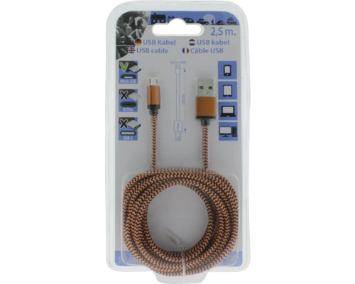 USB kábel s dĺžkou 2,5 metra, USB-A na Micro-USB, pletené vyhotovenie, v originálnom balení.