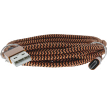 USB nabíjací kábel s čierno-medeným textilným opletením s cik-cak vzorom, konektor USB-A a Micro-USB.