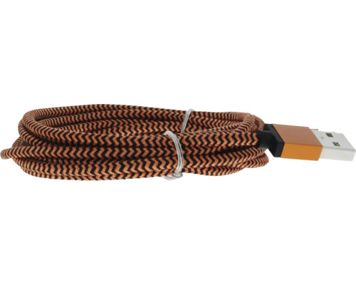 Stočený USB kábel s oranžovo-čiernym textilným opletom v cik-cak vzore a konektorom USB-A.