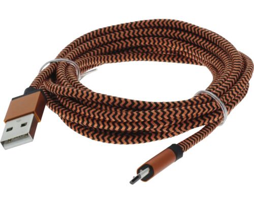 Opletený USB kábel s čierno-medeným cikcak vzorom, USB-A na Micro-USB.