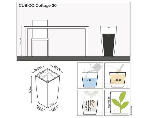 Kvetináč CUBICO Cottage 30, rozmery a objemy plnenia