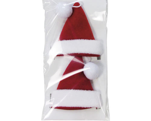 Dve červené vianočné čiapky s bielym lemom z umelej kožušiny v priehľadnom obale.