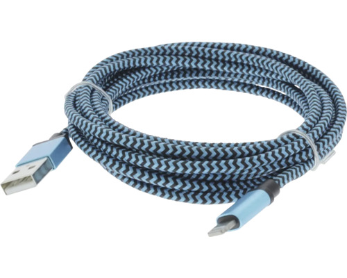 Stočený USB kábel s opleteným textilným plášťom a cikcakovým vzorom.