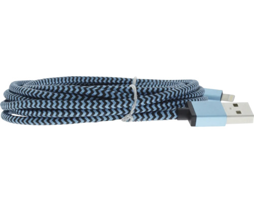Nabíjací kábel USB na Lightning, textilné opletenie s modro-čiernym pruhovaným vzorom, zmotaný