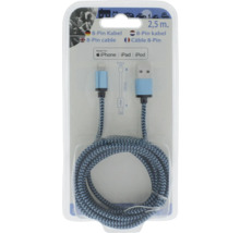 Nabíjací kábel 8-pin na USB-A, dĺžka 2,5 metra, opletený textilný plášť, kompatibilný s iPhone, iPad a iPod.