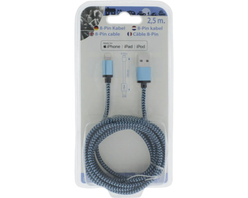 Nabíjací kábel 8-pin na USB-A, dĺžka 2,5 metra, opletený textilný plášť, kompatibilný s iPhone, iPad a iPod.