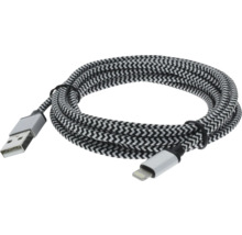 Opletený nabíjací kábel v čiernej a bielej farbe s konektormi USB typu A a Lightning, cikcakový vzor.