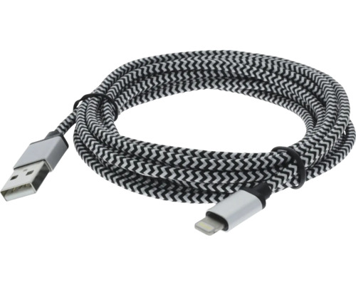 Opletený nabíjací kábel v čiernej a bielej farbe s konektormi USB typu A a Lightning, cikcakový vzor.