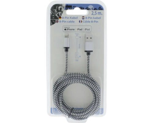 Pletený nabíjací kábel 8-pin na USB-A pre iPhone, iPad a iPod, dĺžka 2,5 metra.
