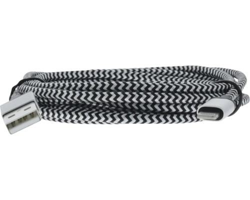 Čierno-biely pletený textilný kábel USB-A na Lightning s kľukatým vzorom.