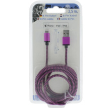 Nabíjací kábel 8-Pin na USB, dĺžka 2,5 metra, fialovo-čierny opletený, vhodný pre iPhone, iPad a iPod.