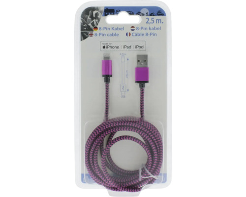 Nabíjací kábel 8-Pin na USB, dĺžka 2,5 metra, fialovo-čierny opletený, vhodný pre iPhone, iPad a iPod.