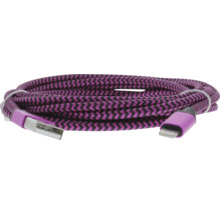 Opletaný nabíjací kábel s konektormi USB typu A a Lightning vo fialovej a čiernej farbe, zvinutý.