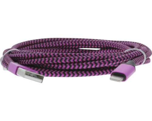 Opletaný nabíjací kábel s konektormi USB typu A a Lightning vo fialovej a čiernej farbe, zvinutý.