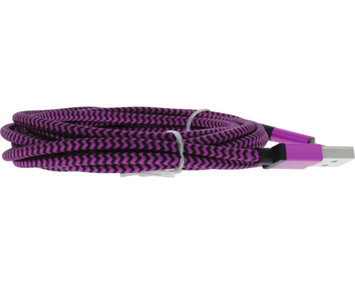 Opletený USB kábel s fialovo-čiernym kľukatým vzorom a konektorom USB-A.