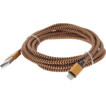 Nabíjací kábel USB na Lightning s opleteným textilným plášťom so vzorom cik-cak a zlatými konektormi.