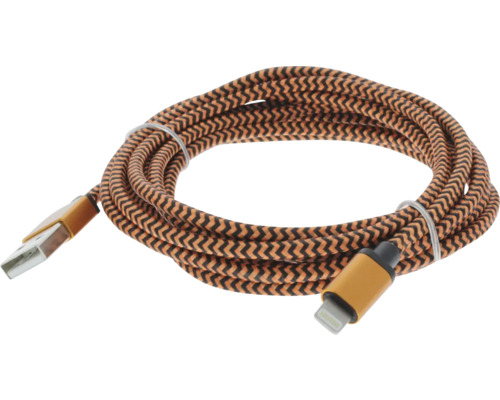 Nabíjací kábel USB na Lightning s opleteným textilným plášťom so vzorom cik-cak a zlatými konektormi.