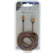 Nabíjací a dátový kábel z 8-pin na USB s opleteným textilným plášťom, dĺžka 2,5 metra, pre iPhone, iPad a iPod.