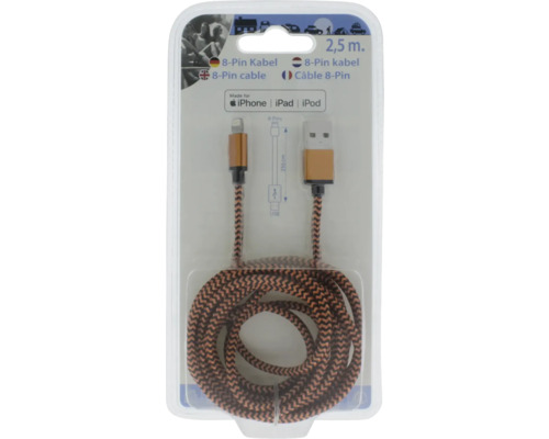 Nabíjací a dátový kábel z 8-pin na USB s opleteným textilným plášťom, dĺžka 2,5 metra, pre iPhone, iPad a iPod.